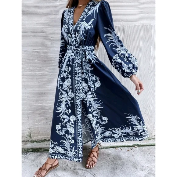 Boho Plants Print V Neck Belted Wrap Dress - Picture 2 of 9